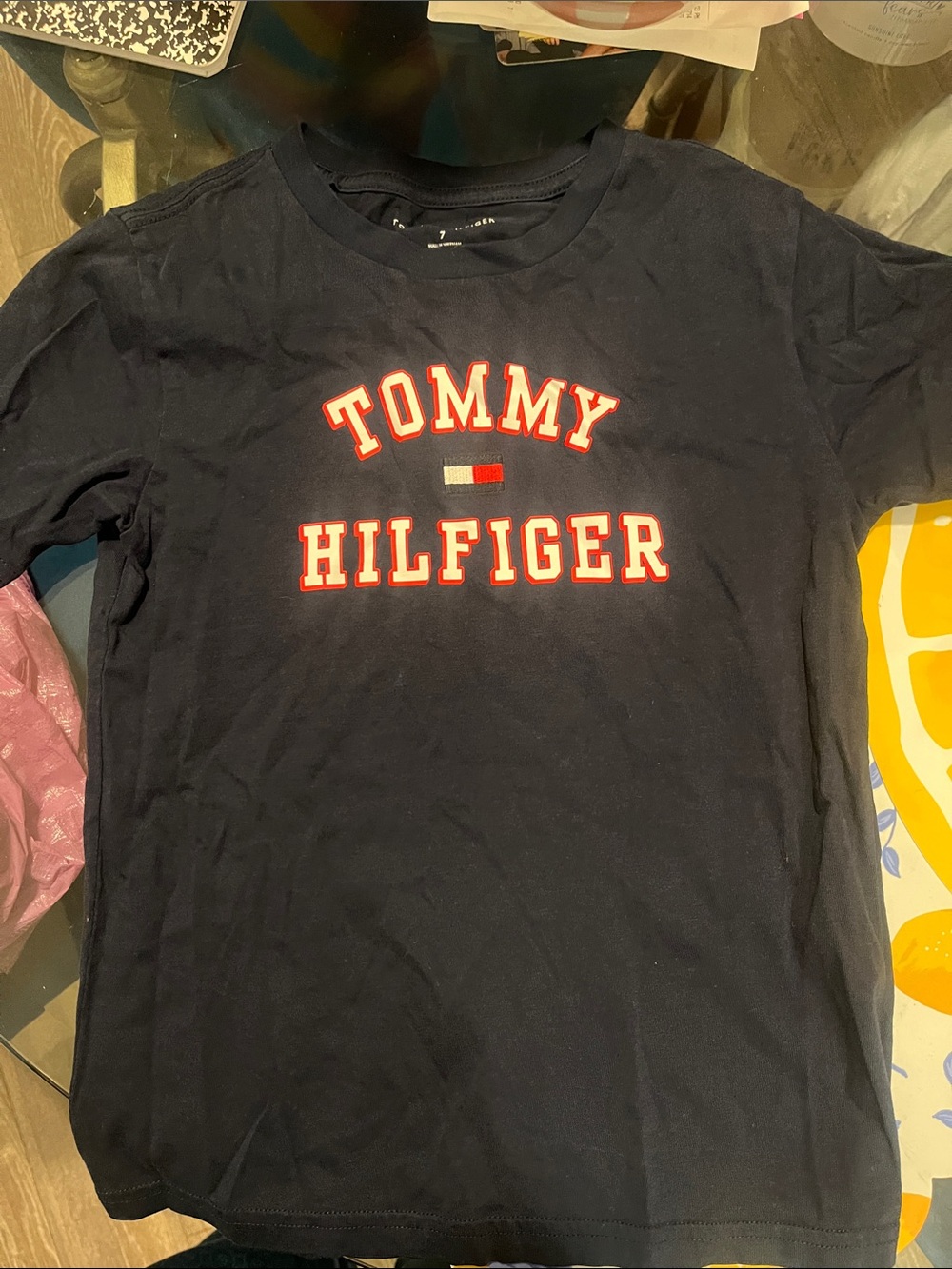 Tommy Hilfiger Navy Short Sleeve Logo Tee with Red & White Accents